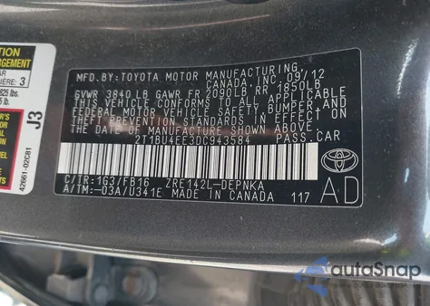 2013 Toyota Corolla Le from USA, damaged, VIN 2T1BU4EE3DC943584